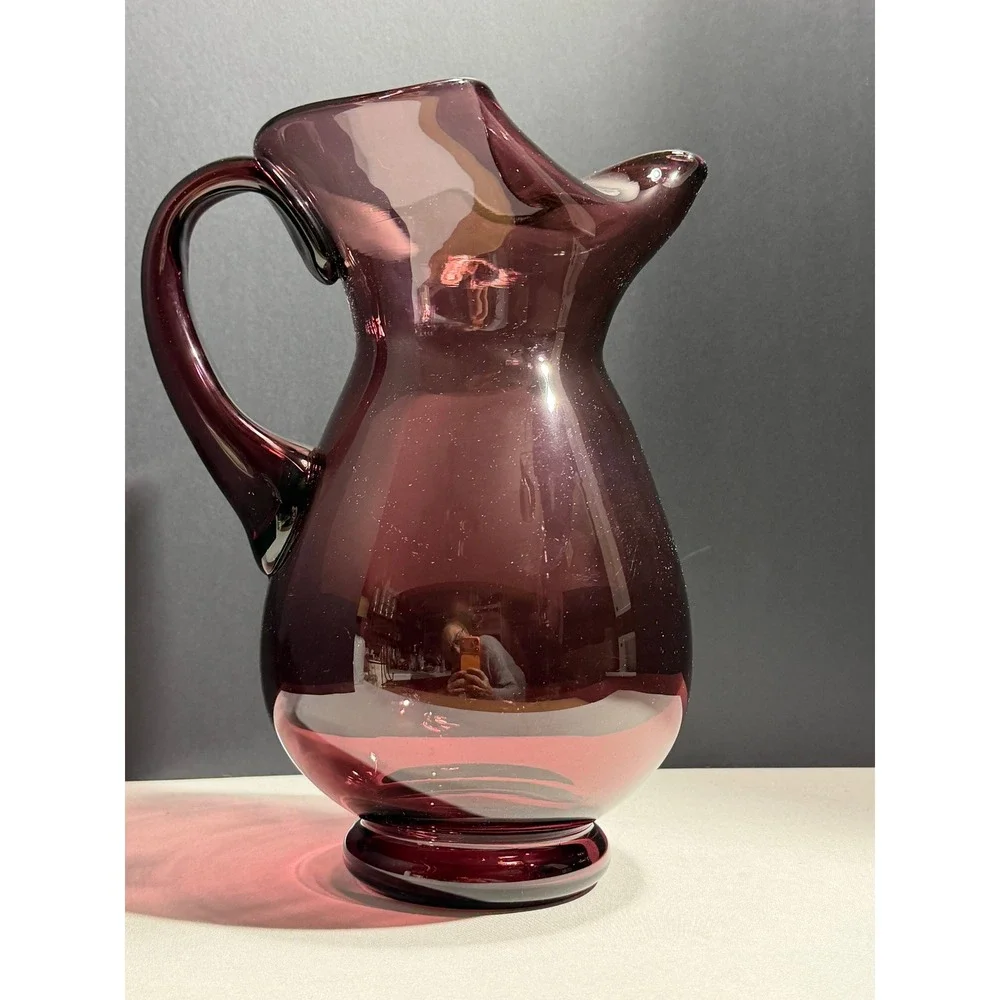 Amethyst Purple Hand Blown Glass‎ Pitcher Tri-Corner Ruffled Rim Vintage Plum